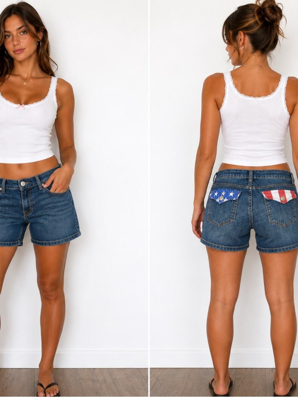 Y2K Ashley Low Rise Denim Shorts Sz 15 Americana Flag Pocket Cuffs Stretch